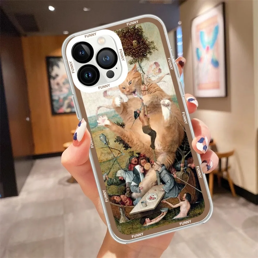 World masterpiece and cat Phone Case For iPhone 11 12 Mini 13 14 15 Pro Max Transparent Shell