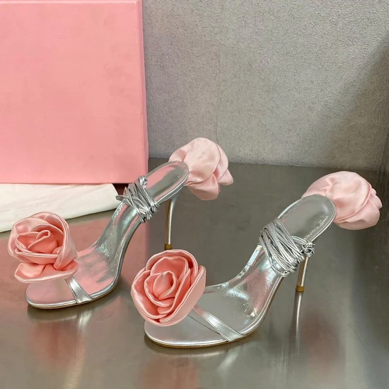 Fashion 3D Flower Decor Sexy High Heel Women Sandals Silk Satin Summer Shoes Crystal One Strap Open Toe Lady Party Wedding Shoes