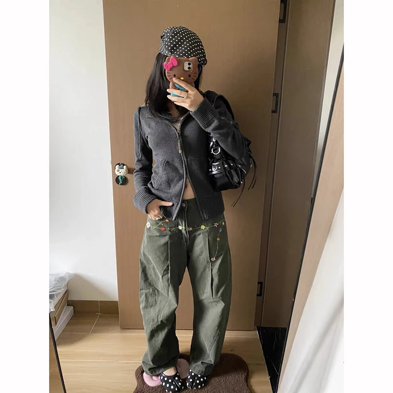 Damskie jeansy baggy z haftem w stylu vintage Y2k na jesień 2025, spodnie dżinsowe Harajuku z lat 90., estetyczne spodnie z lat 2000, odzież oversize.