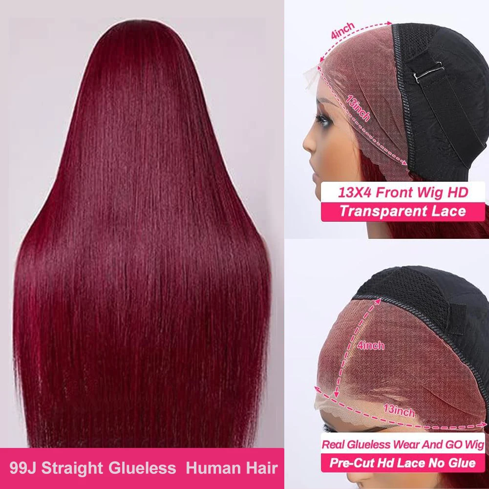 32 Inch Glueless Burgundy Straight Human Hair Wig 99J Straight Lace Front Wig Glueless Human Hair Wig180%Density with Baby Hair