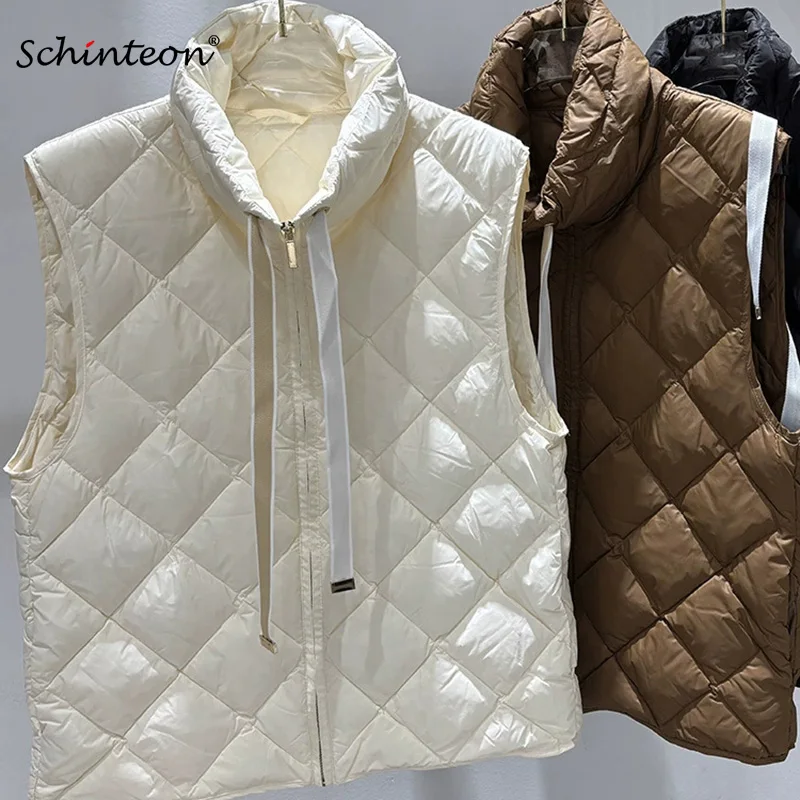 Schinteon 여성용 90% 화이트 덕 다운 베스트 캐주얼 민소매 재킷 스탠드 칼라 아가일 심플 패셔너블 가을 겨울 탑 신상품