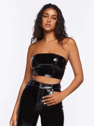 Women's Strapless Faux Latex Crop Top with Zip Back and Patent Leather Splice Bralette for Clubbing and Party Sexy