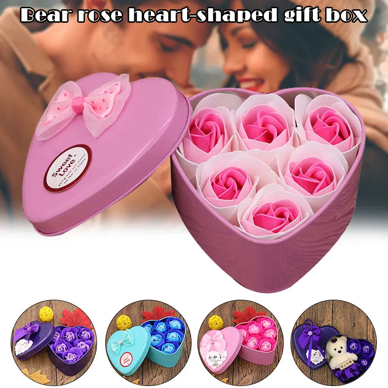 Soap Rose Flower With Heart Shape Gift Box Storage Display Flower Gift Box For Lovers Girlfriend Wife