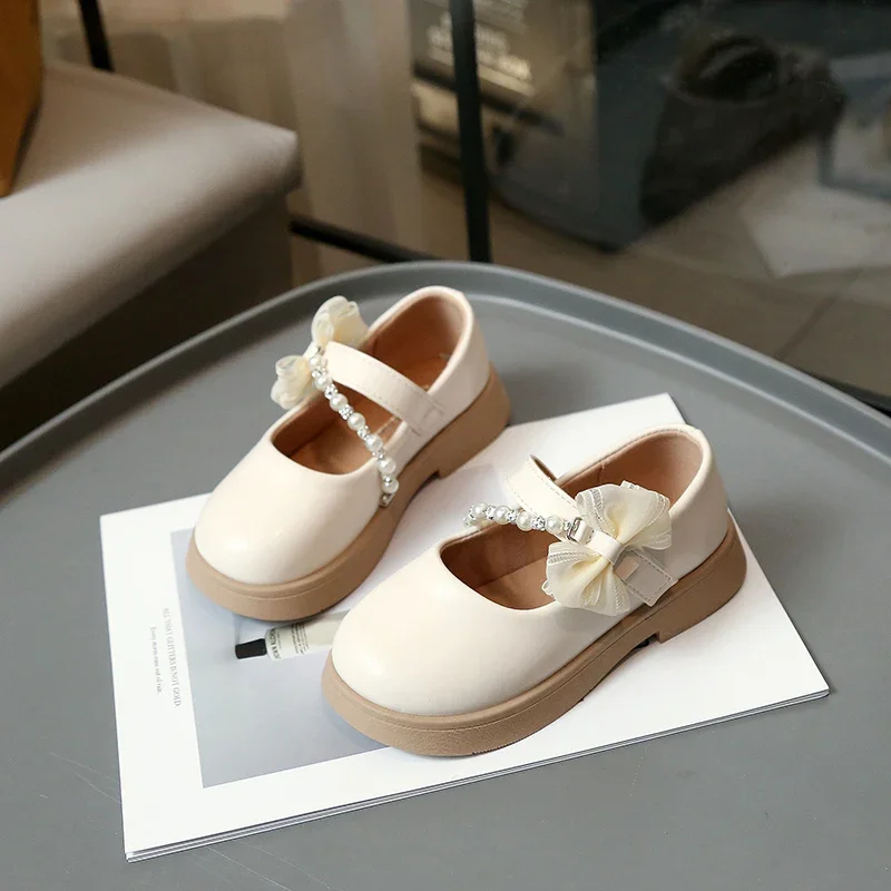 New Girl Princess Style Children's Leather Shoes with Elegant Bow Side Wedding Party Children's Formal Shoes