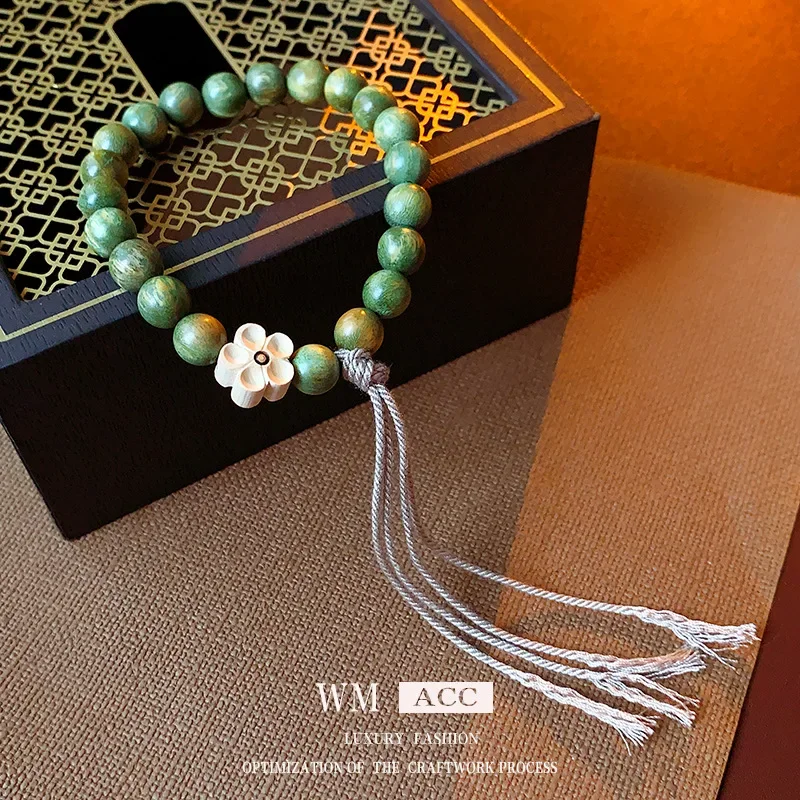 Flower Green Sandalwood Bodhi Bangle Tassel Niche All-match Ship Elegant Light Luxury High-end Women Gifts Bracelet