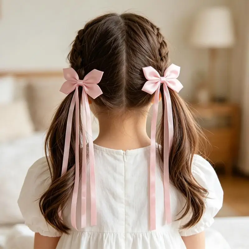 2Pcs Cute Bowknot Tassel Hair Clips Long Satin Ribbon Bow Barrettes Anti-slip Hair Accessories for Girls Birthday Gift