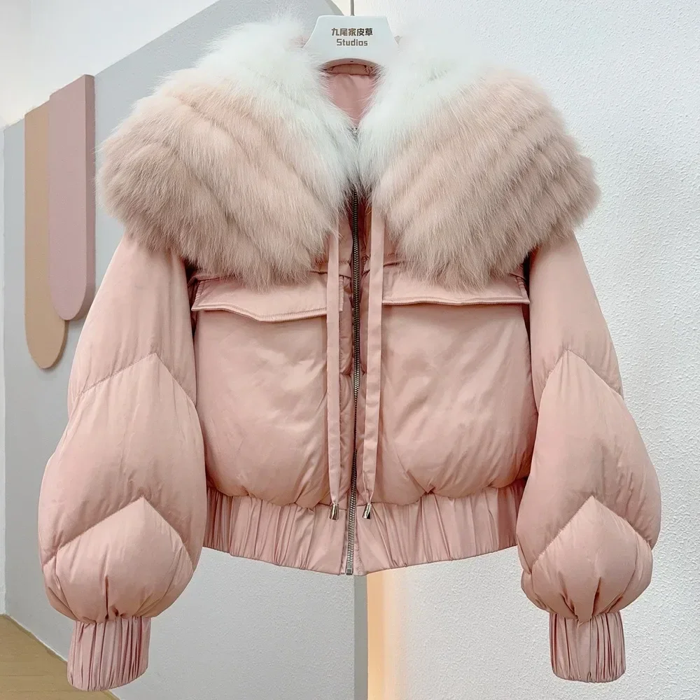 White Goose Down Coat Real Fox Fur Collar Coat Fur Jacket Fashion 2024 New Winter Women Thick Parka Loose Natural Luxury