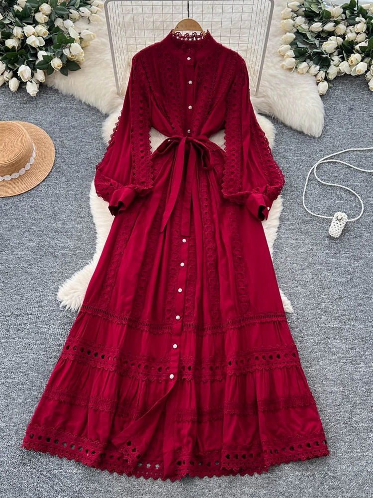 Ele Lace Splicing Lantern Sve Dr Dames lang Dr Court Sle Hoge taille Polyestervezel A-lijn Zomer Dr