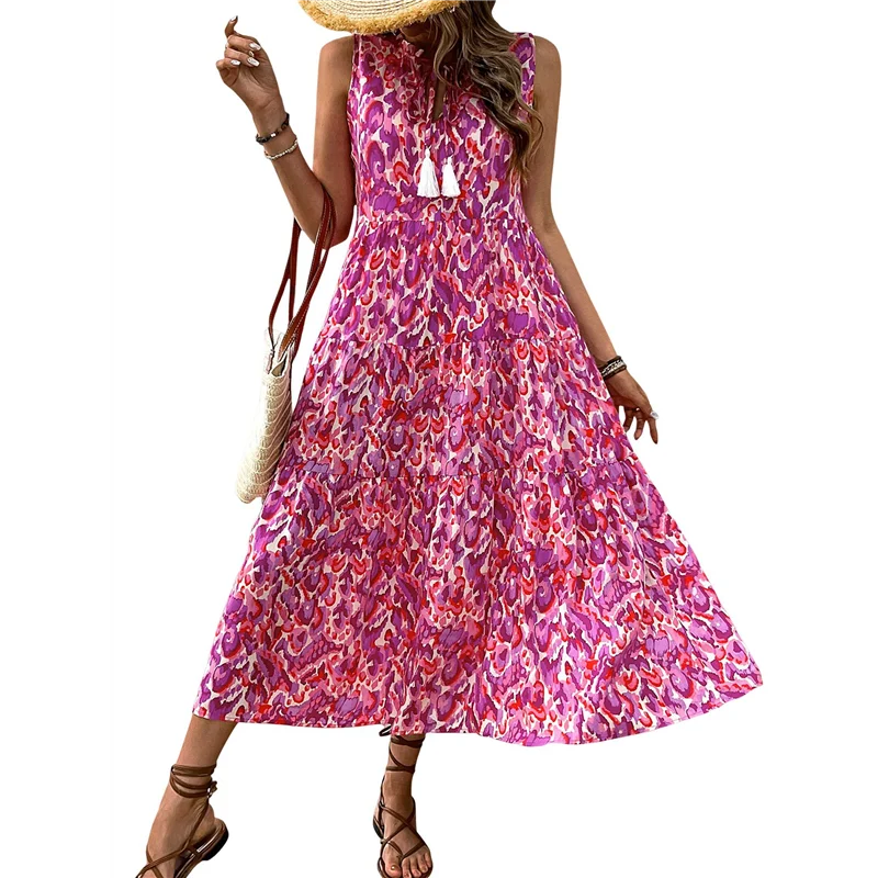 ASDS-Women's Maxi Dress Summer Sleeveless Bohemian Floral V Neck Tie Front Fringe Flowy Long Dress Vacation Beach Sundress