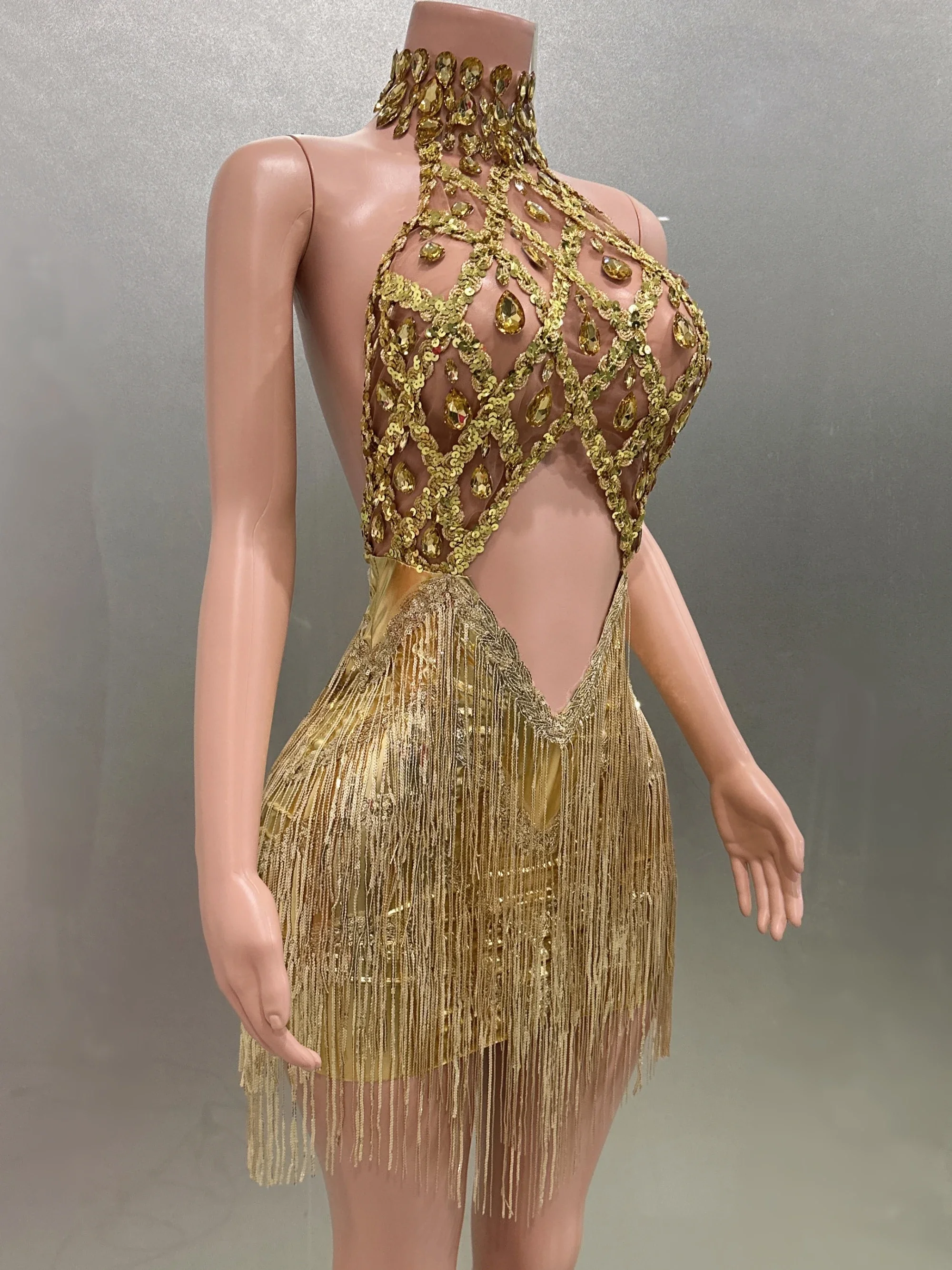 Gold Color Rhinestones Tassels Women Sexy Halter Backless Mini Dress See Through Sexy Nightclub Party Celebrate Birthday Dress