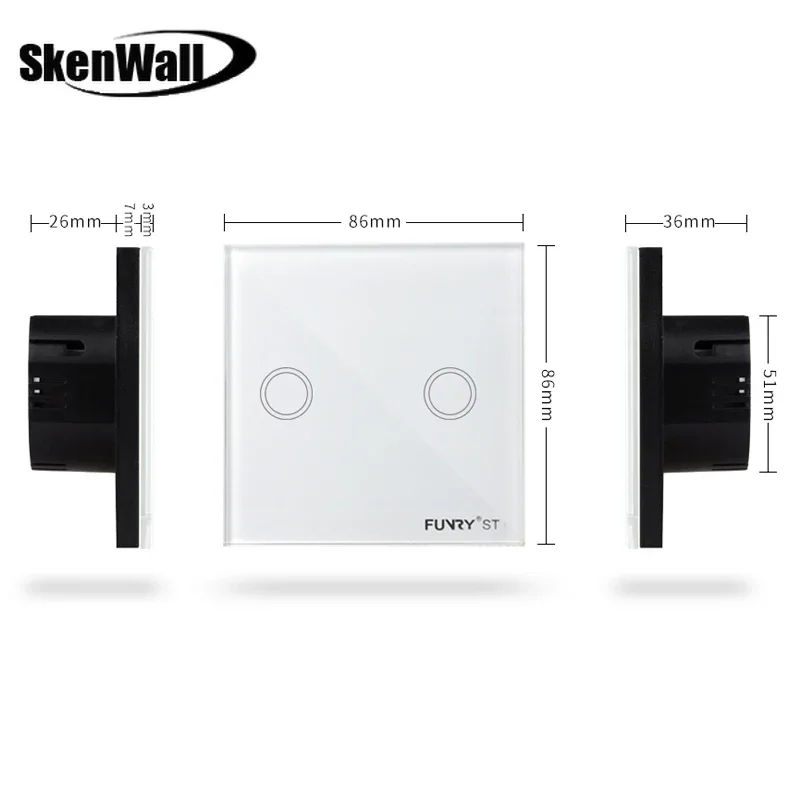 EU Standard 2Gang 170-240V 433MHz Wall Switch Touch Switch Smart Remote Control Luxury Crystal Glass Surface Waterproof 86*86mm