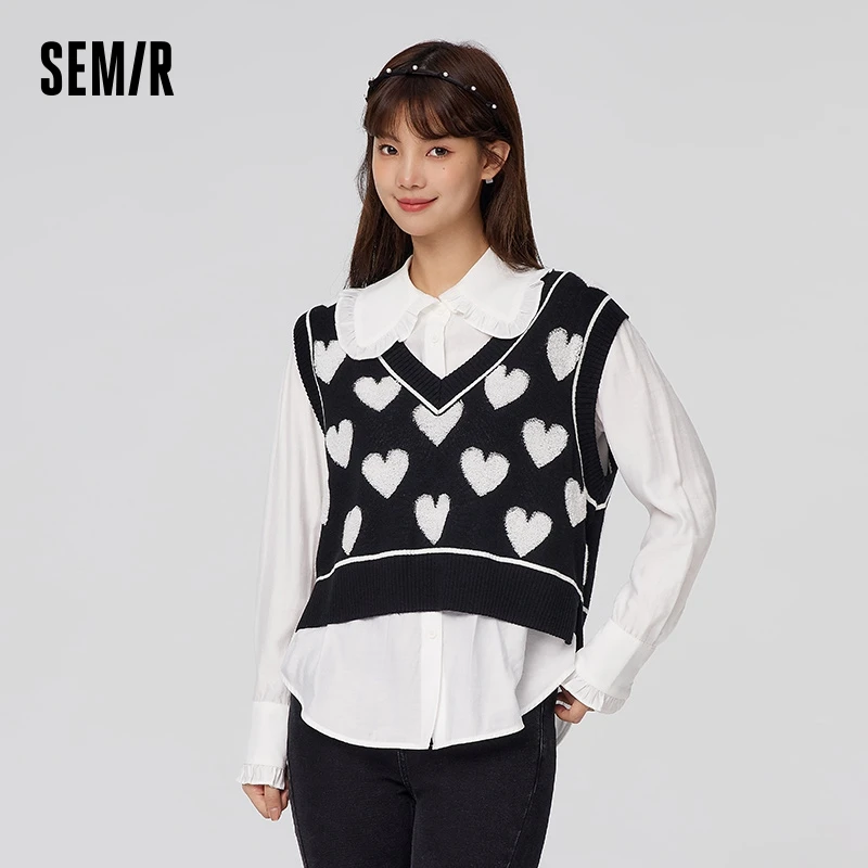 Semir Long-sleeved Shirt Women Doll Collar Love Vest 2023 Spring New Loose Shirt