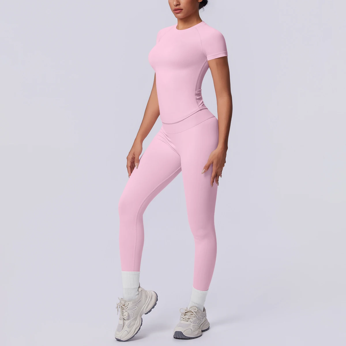 Rooftrellen New 2PCS/set Yoga Set Summer Quick Drying Fitness Sports Workout Top T-Shirt High Stretch Seamless Yoga Leggings Set - view 4