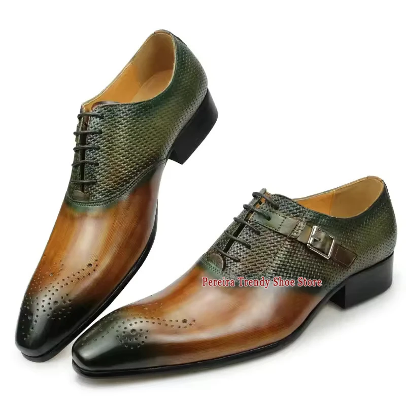 British Style Handmade Cowhide Formal Shoes Mixed Colors Pointed Toe Lace Up Oxfords Summer Breathable Casual Business Shoes