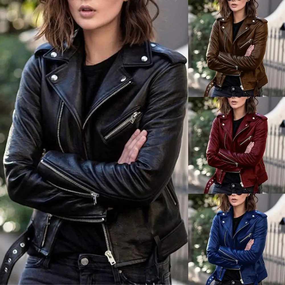 Autumn Jacket Streetwear Faux Leather Coat Lady Buttons  Simple Turndown Collar Belt Jacket