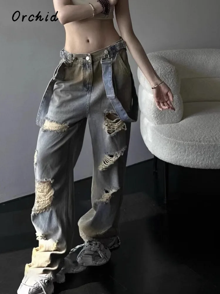 2024 Summer Women's Casual Style Harajuku Jeans Vintage Ripped Loose Washed Pants Y2K Baggy Wide Leg Punk Denim Trouser