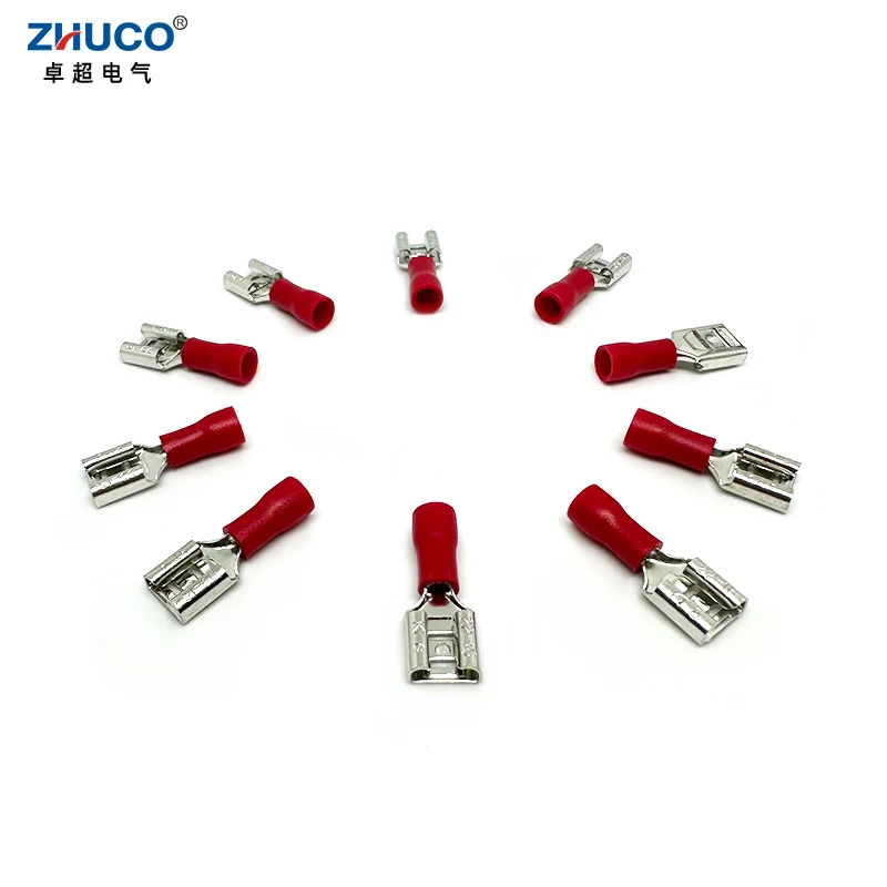 100pcs FDD1.25-250 6.35mm Red Insulated Electrical Brass Wire Connector Faston Cable Female Crimp Spade Terminal 22-16 AWG