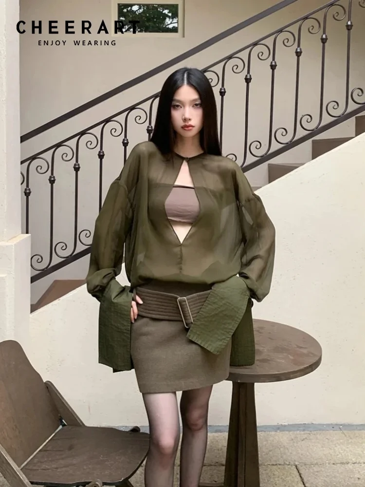 

CHEERART Fall 2025 Fashion Long Sleeve Green Blouse For Woman Designer Sheer Elegant Top And Blouses Ladies Autumn Clothes