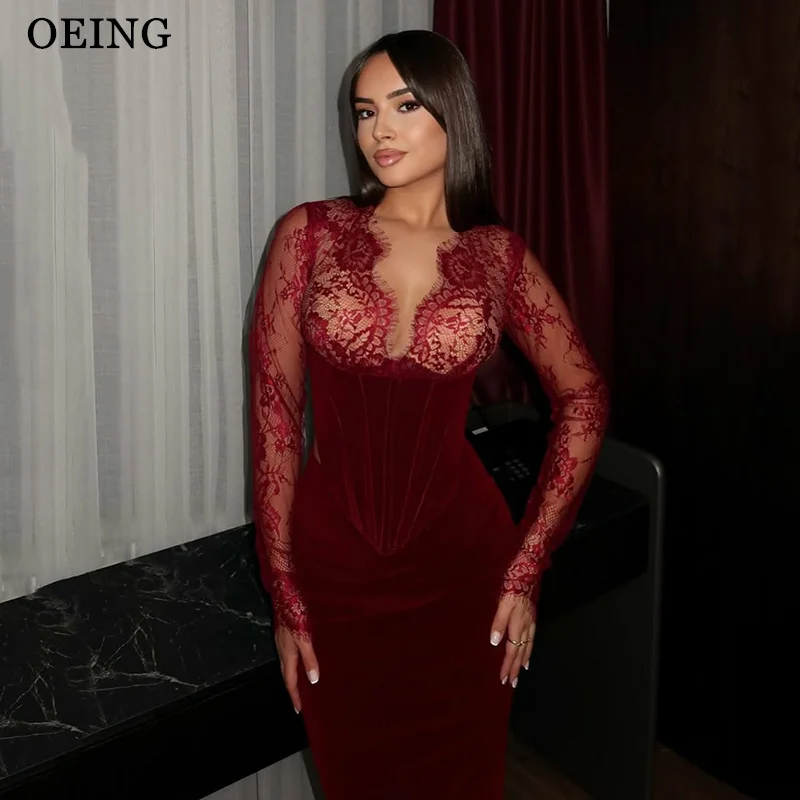

OEING Elegant Mermaid Prom Dress Velvet Burgundy V-Neck Lace Maxi Full Sleeves Evening Dresses فساتين سهرة Customized