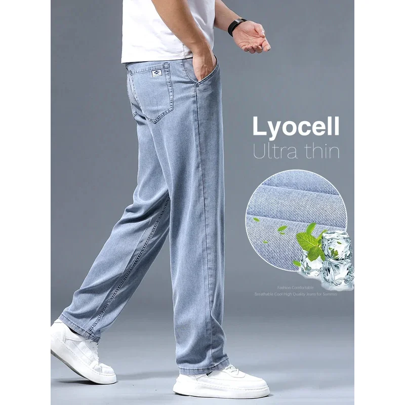 

Летние ультратонкие мужские джинсы из лиоцеллы, мягкие дышащие свободные прямые светло-голубые джинсовые брюки, деловые повседневные брюки из ледяного шелка