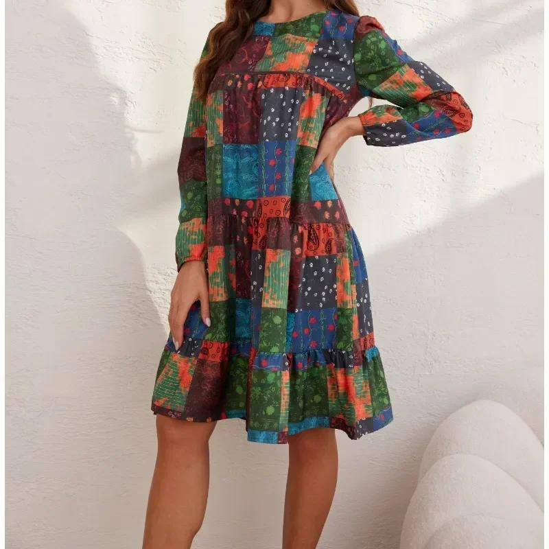 Women\'s Plus Size 1XL-5XL Dress Color Block Patchwork Printing, Fashionable and Elegant Women\'s Long Sleeved Pleated Edge Dress