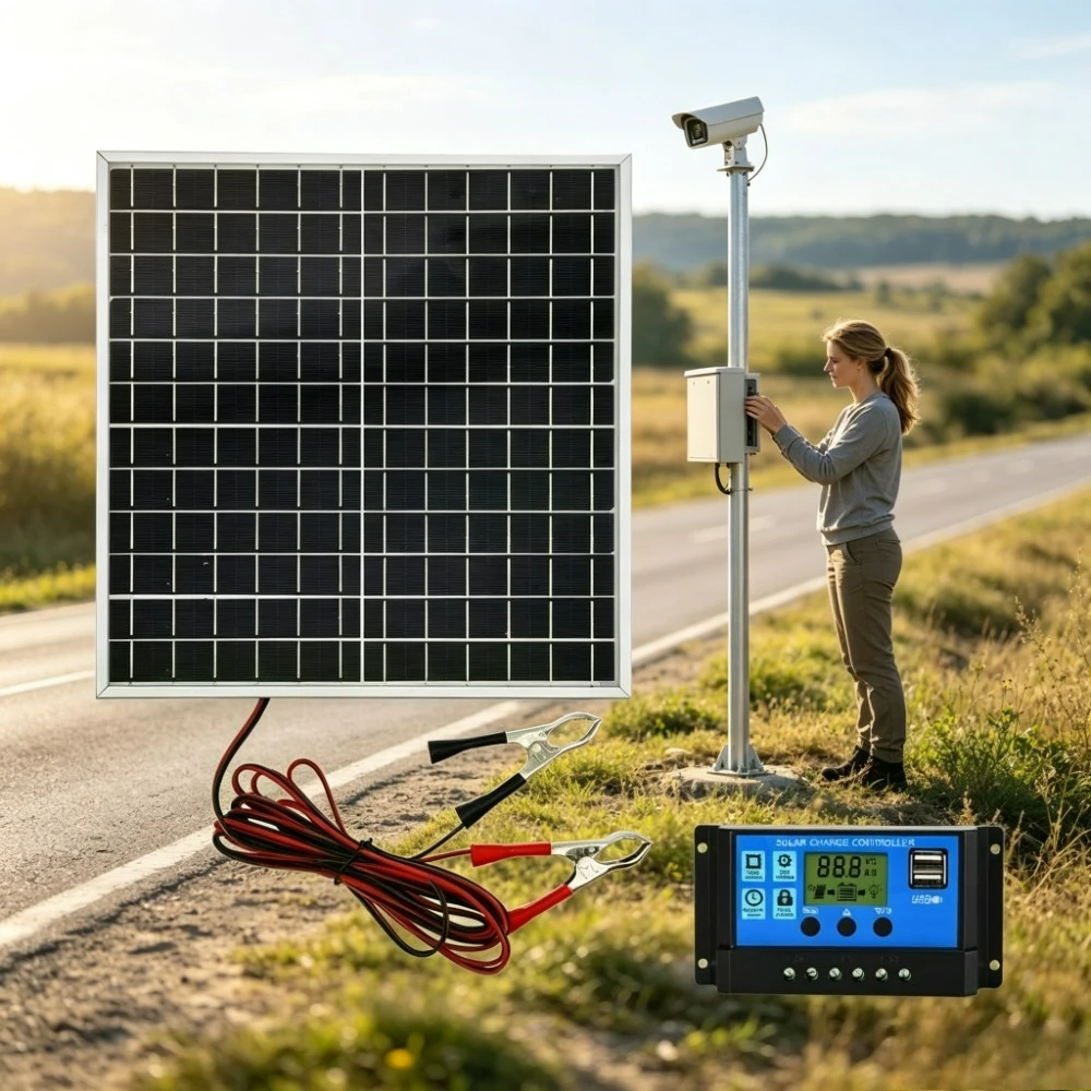12W RV Camping Solar Power Package Monocrystalline Solar Panel Aluminum Frame 12V Digital Charge Controller Alligator Wires Off