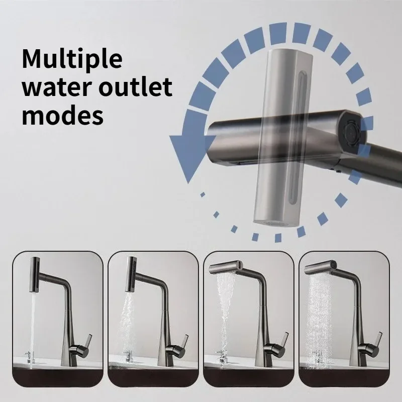 Gun Ash Stainless Steel Kitchen Faucet Multifunctional Waterfall Pull-out Splash Proof Modern Simple Hot And Cold Faucet