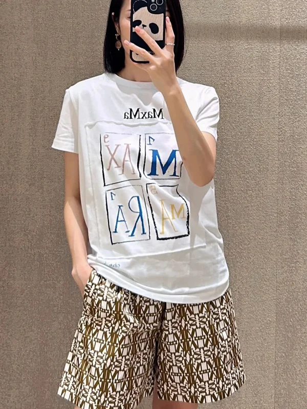 

White Cotton T-irt Women's Summer New Sle round Ne Patchwork Letter Faion ort Sve Top Trendy Commute Sle Pure ...