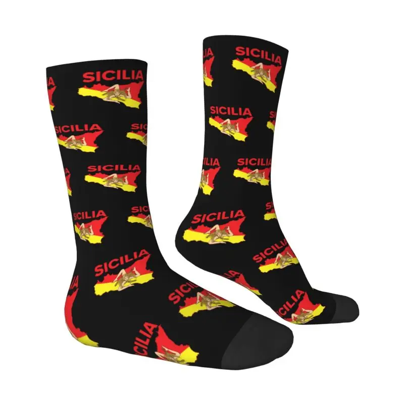 Custom Map Of Sicily Trinacria Men's Crew Socks Unisex Cute 3D Printed Italy Sicilian Pride Dress Socks