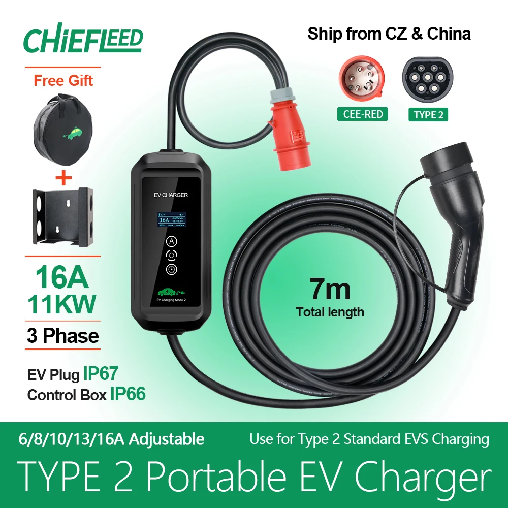 

Chiefleed Portable Adjust 16A 11KW EV Charger Type 2 IEC-62169 Timer 1-15 hour Charging For Electric Vehicle Hybrid Car 7M