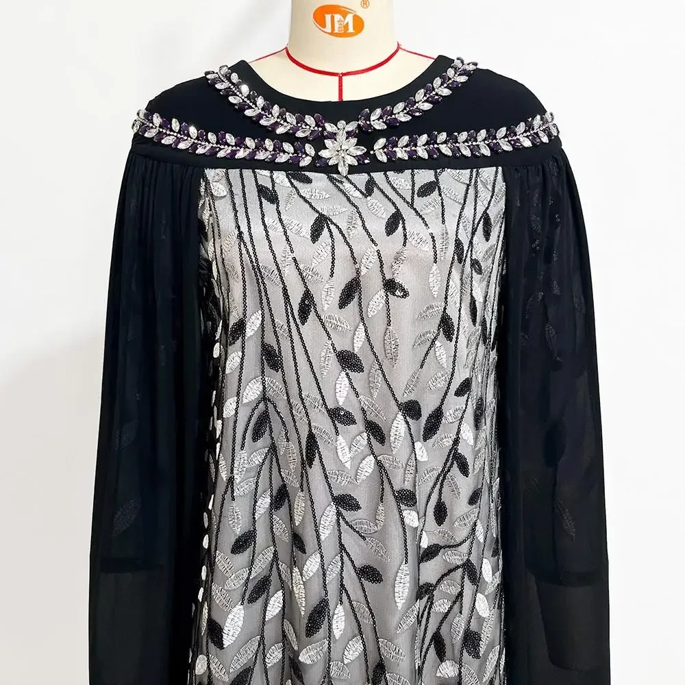Elegant Long Cape Sleeves Rhinestone Sequins Luxury Evening Dresses Gowns Caftan Marocain Arabic Abaya Muslim Dress Islamic Robe