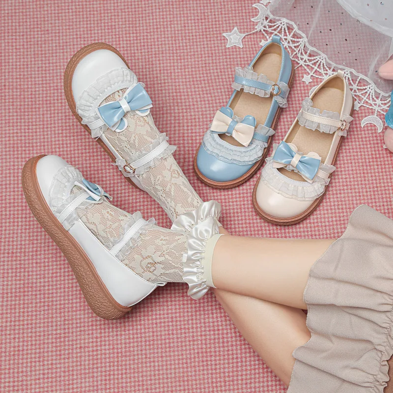 Contrast Color Fashion Sweet Lolita Shoes School Girls Bow Lace Flat Heel Pumps Strap Buckle Japanese Kawaii Princess Cosplay