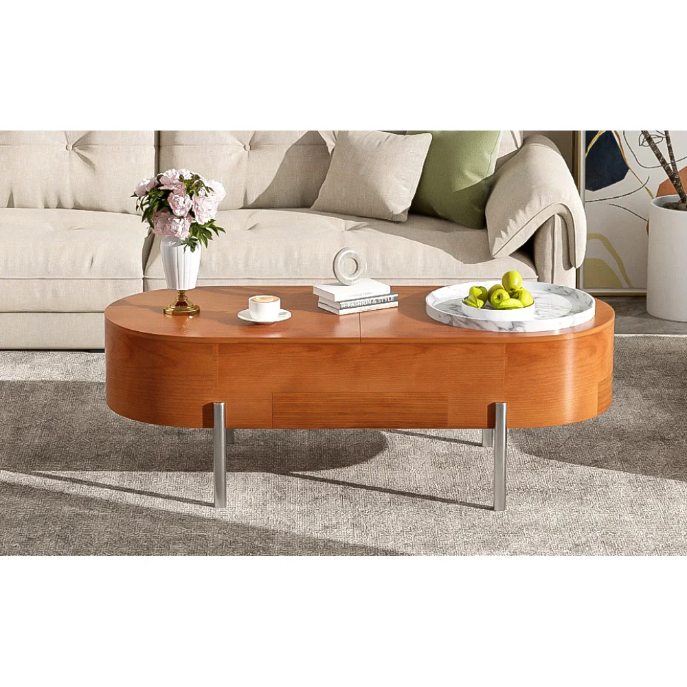 U-Can 47.2''Lift Top Coffee Table with 360-degree Marble-patterned Rotating Tray Hidden Compartment Partially Assembled Wooden
