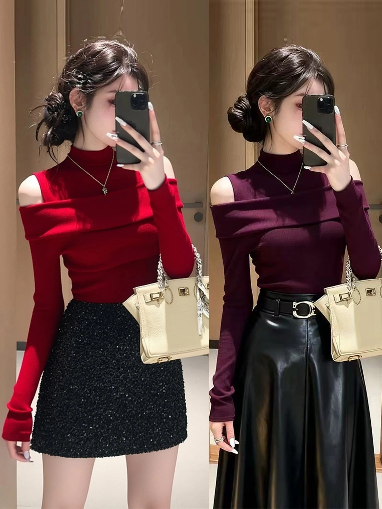 

Red oulder-baring High-ne Knitted Base irt Women's Inner Wear Autumn Winter Unique Sweet-and-spicy Girl Beautiful Top