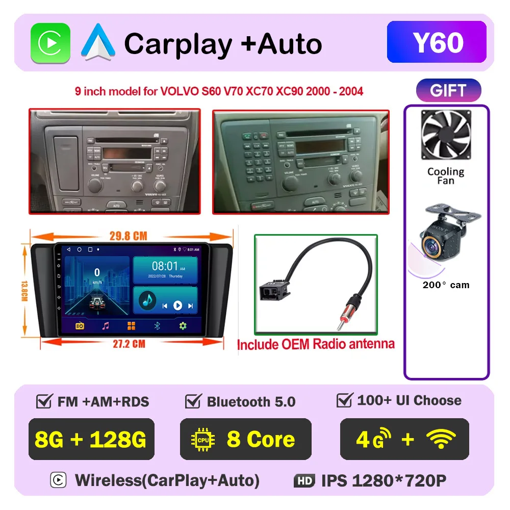 Auto radio CarPlay voor Volvo XC70 V70 S60 2000-2009 Android Auto multimediaspeler stereo 8-core autoradio DSP 5G WIFI scherm DVD