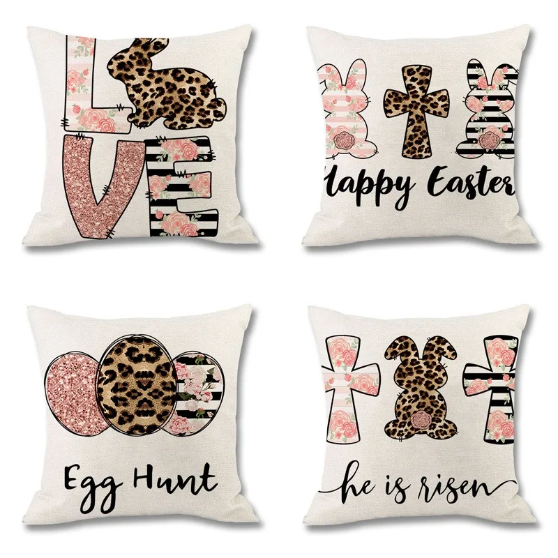 Happy Easter Bunny Decor Throw Pillow Covers 45x45cm Set of 4, Leopard Peeps Rabbit Hippity Cushion Case Decor for Sofa Couch