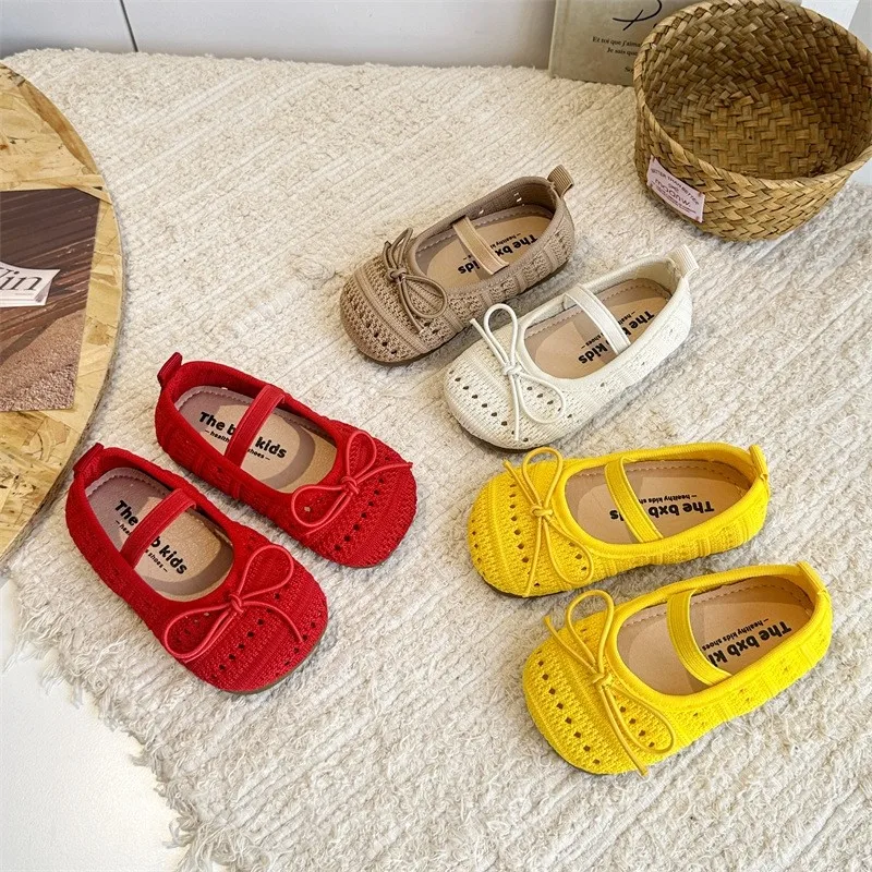 

2026 Candy Color Knitting Fabric Children Dance Shoes Girls Hollow Out Student Summer Ballet Shoes School All Match Shoes 21-30