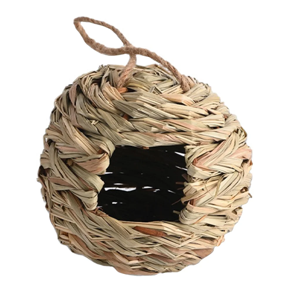 

2Pcs Straw Birdhouse Handwoven Grass Nest Hut Simulation Breeding Place for Lovebirds Bluebirds Garden Rustic Style Decor