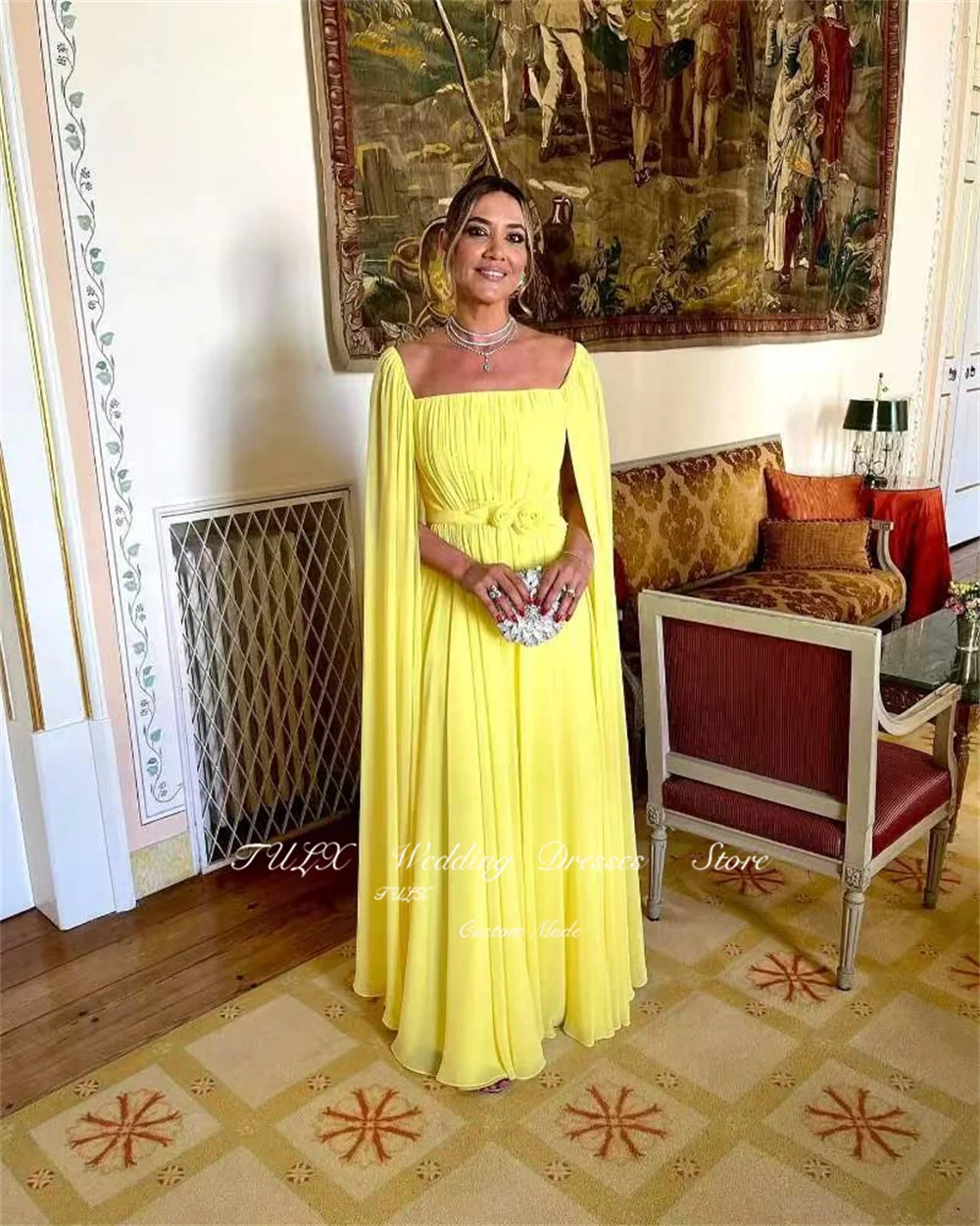 TULX Elegant Long Sleeve Yellow Prom Dresses with Cape A-Line Chiffon Pleated Floor Length Evening Dress for Women فساتين سهرة