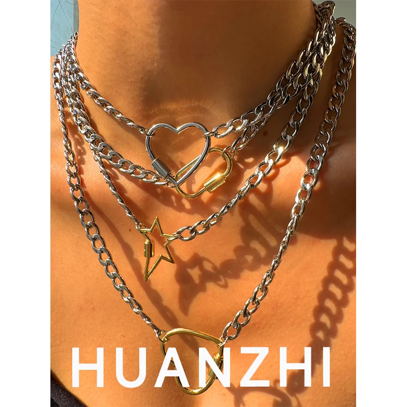 HUANZHI Gold Silver Clashing Colour Love Star Pentagram Screw Clasp Necklace Minimalist Punk Personality Jewelry for Women New