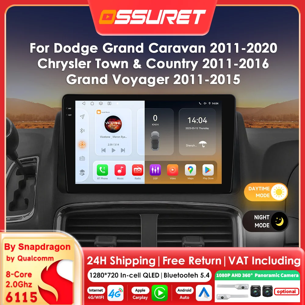 Android 14 Autoradio für Dodge Grand Caravan Chrysler Town & Country Grand Voyager Multimedia 6115 8-Kern GPS Carplay 360-Kamera SWC