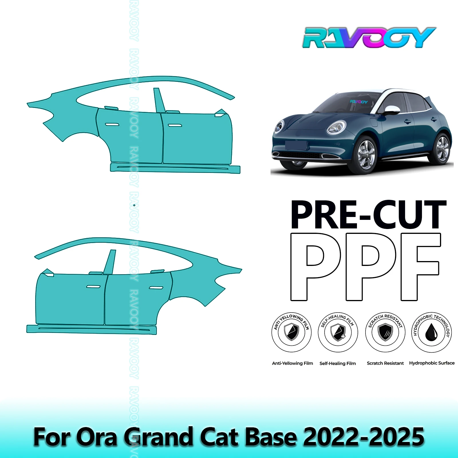 

For Ora Grand Cat Base 2022-2025 8.5mil Clear Matte Pre-Cut PPF Door & A/B Pillar Kit TPU Paint Protection Film Set