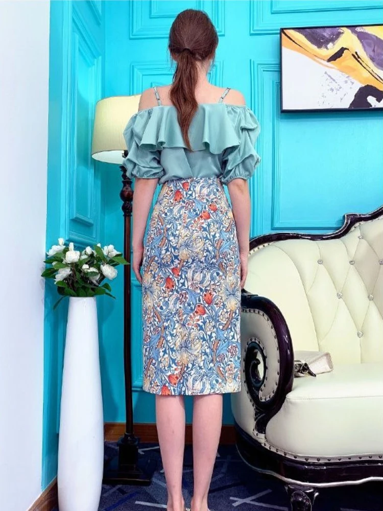 

2026 New Arrival Light Luxury Women Summer Off Shoulder Ruffle Spaghetti Strap Top Skirt Two Piece Dress Set Socialite Style