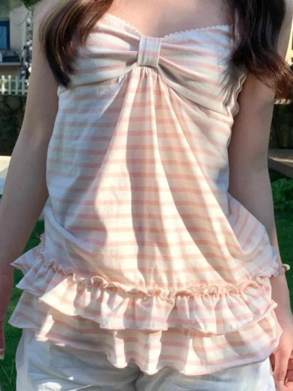

Japanese Sweet Vest Women Clothing Vintage Striped Sleeveless Tees Fashion Summer Camis Ruffles Slim Fit Vintage Tank Ropa Mujer