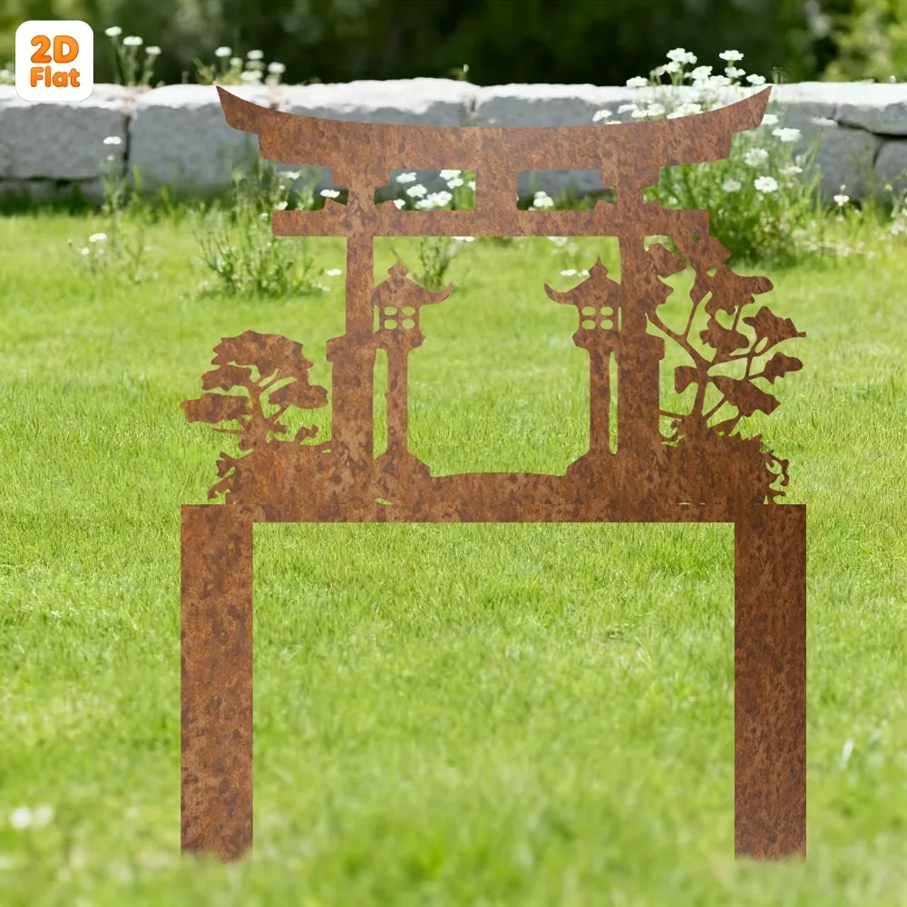 2D Flat 1pc Torii Gate Lantern Metal Wall Art Iron Garden Stake Decor Outdoor Lawn Courtyard Ornament