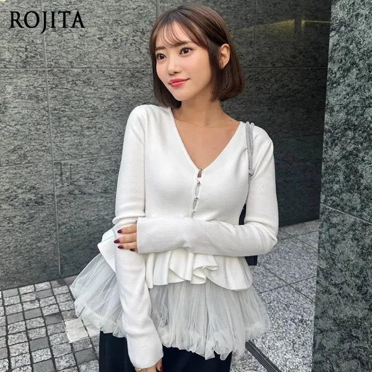 

Japanese-style Sweet V-neck Women's Short Ruffled Long-sleeve Knitted Cardigan with Lantern Hem + Vest Two-piece Sets