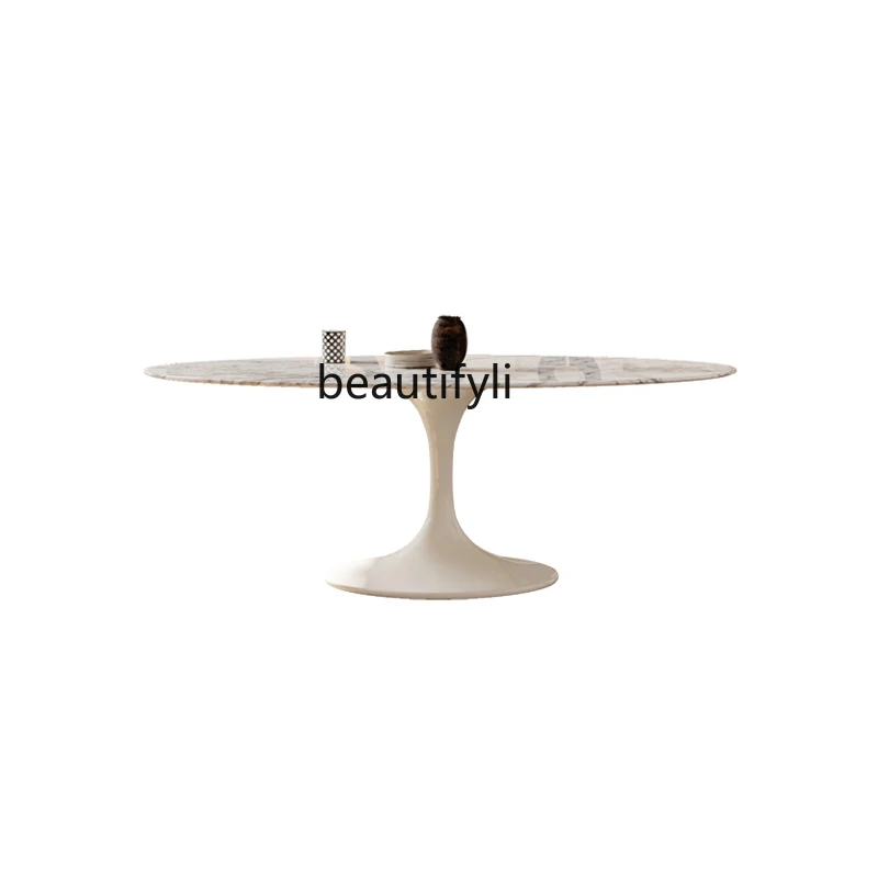 

Natural Marble Dining-Table French Retro Oval Home 4 People 6 Small Apartment Tulip Dining Table New Dining Table