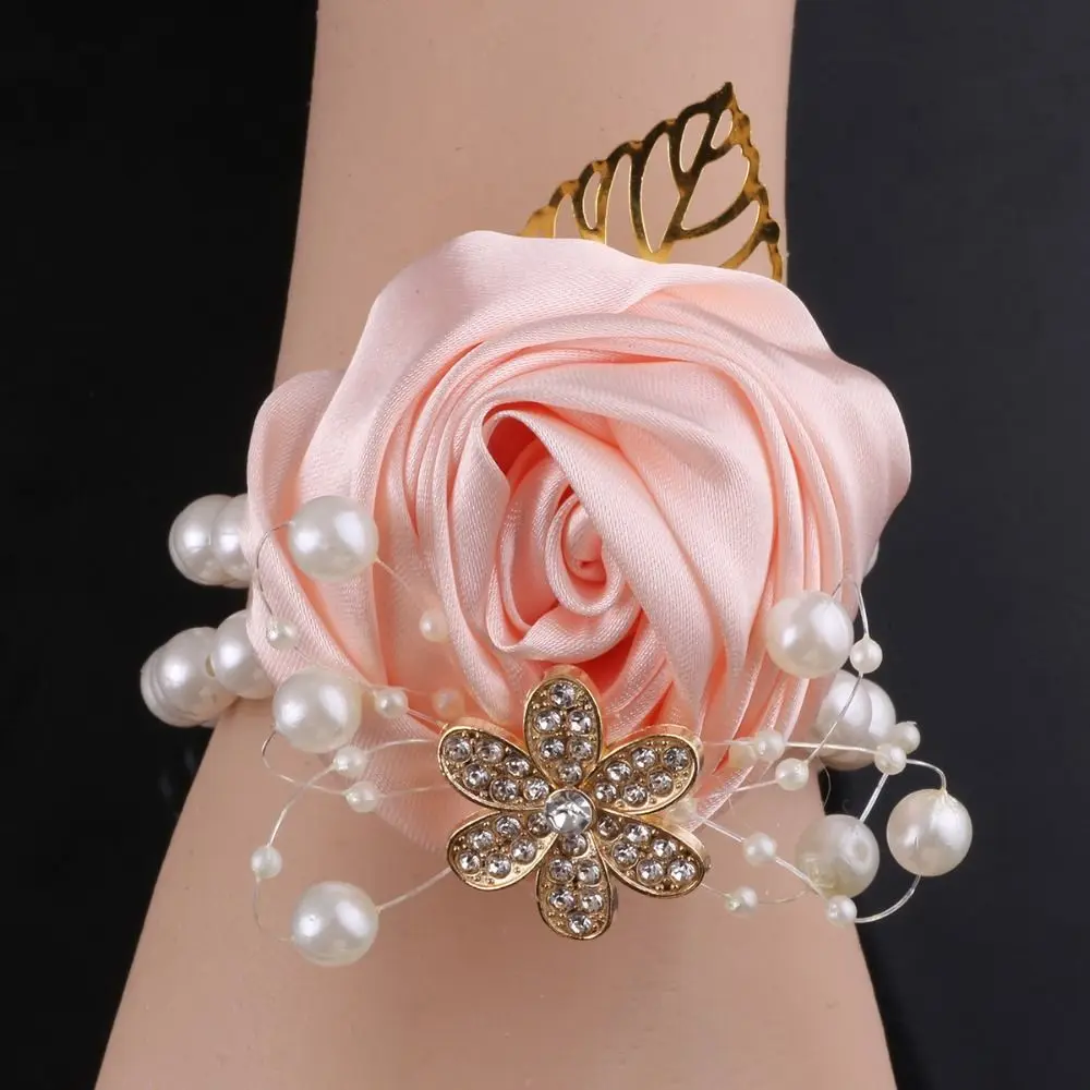 Romantic Artificial Rose Bridesmaid Wrist Flowers Ribbon Pearl Wrist Corsage Exquisite Wedding Flower Bracelet Bride