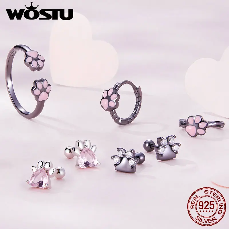 WOSTU – boucles d'oreilles en forme de griffes de chat pour femme, en argent Sterling 925, en noir, en or rose, avec animaux mignons, Clips, cadeau d'anniversaire