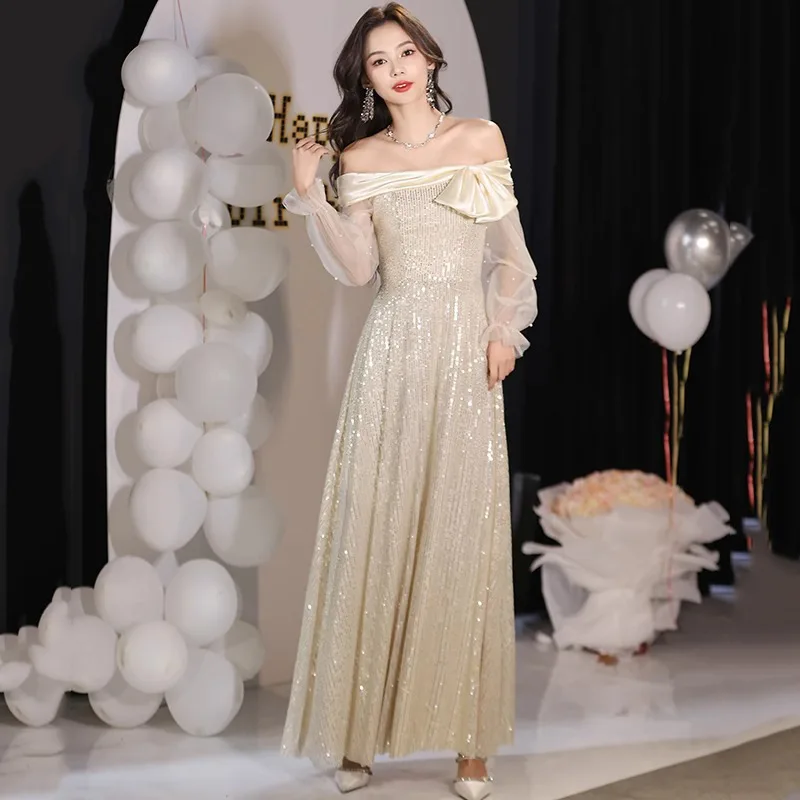 

Off The Shoulder Long Sleeve Sequined Evening Dress Slim Waist Elegant Temperament Prom Dresses Simple Wed Party Vestidos